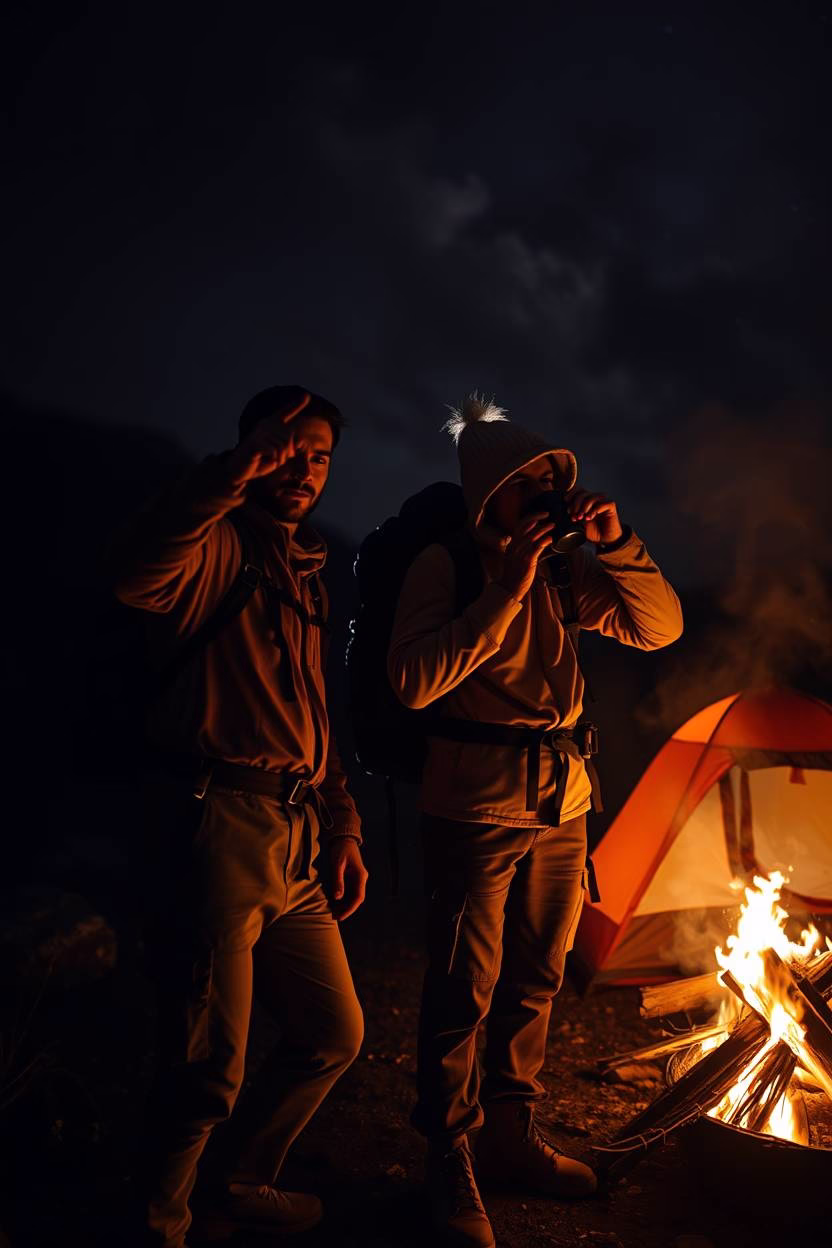 A high-resolution stock photo showcasing two travelers in a national park, illuminated by contrasting chiaroscuro lighting. They wear earth-toned outdoor clothing and carry technical backpacks. One points, the other