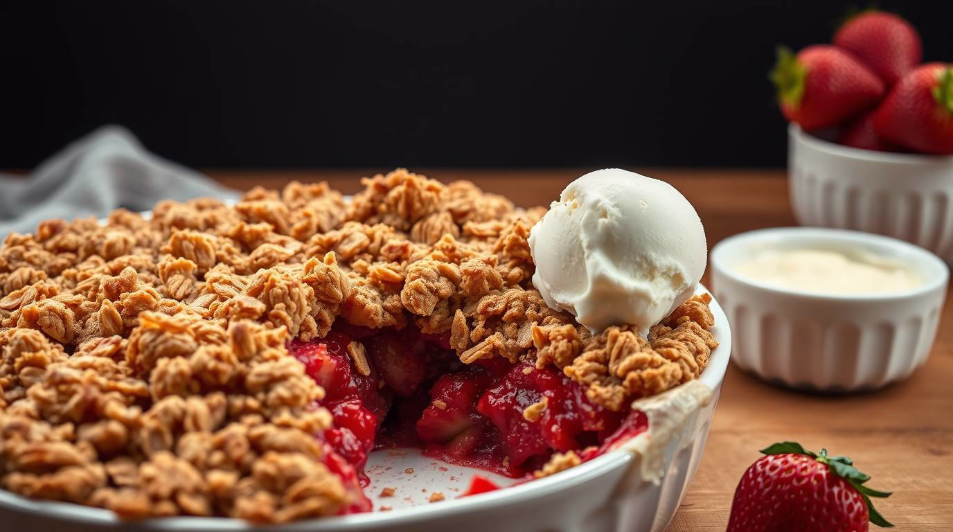 Classic Strawberry Rhubarb Crisp in a baking dish with ice cream