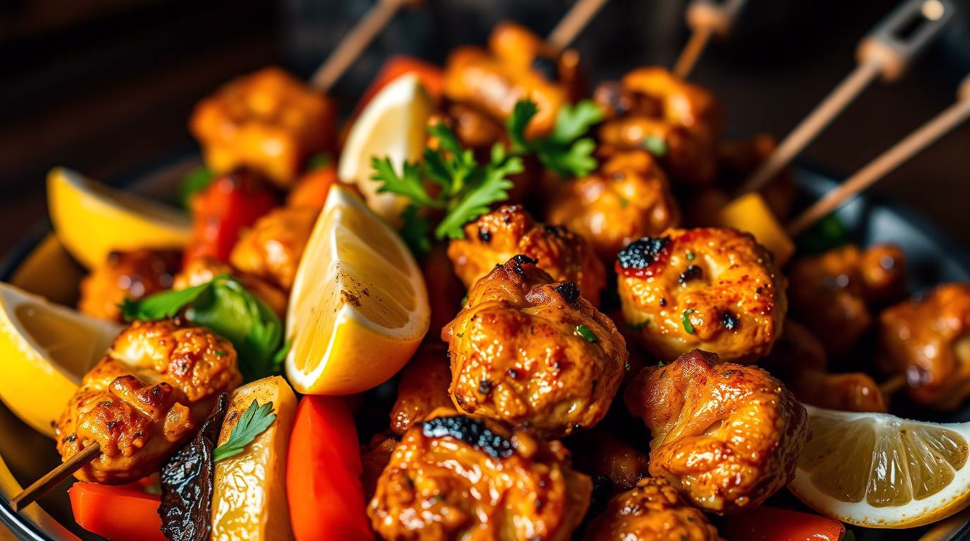Grilled Lemon Herb Chicken and Veggie Skewers with fresh herbs