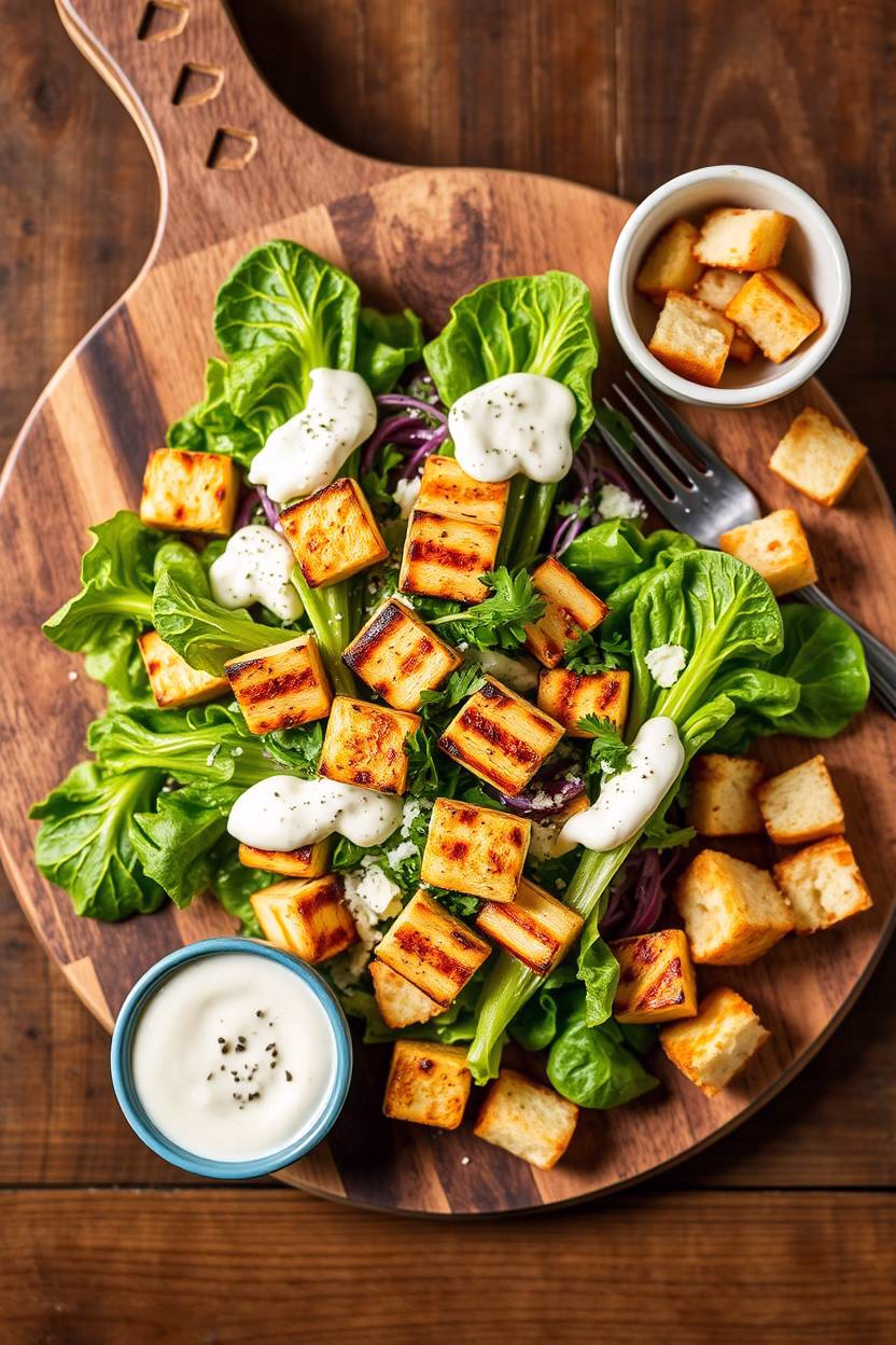 Vibrant Grilled Romaine Halloumi Caesar salad with dressing