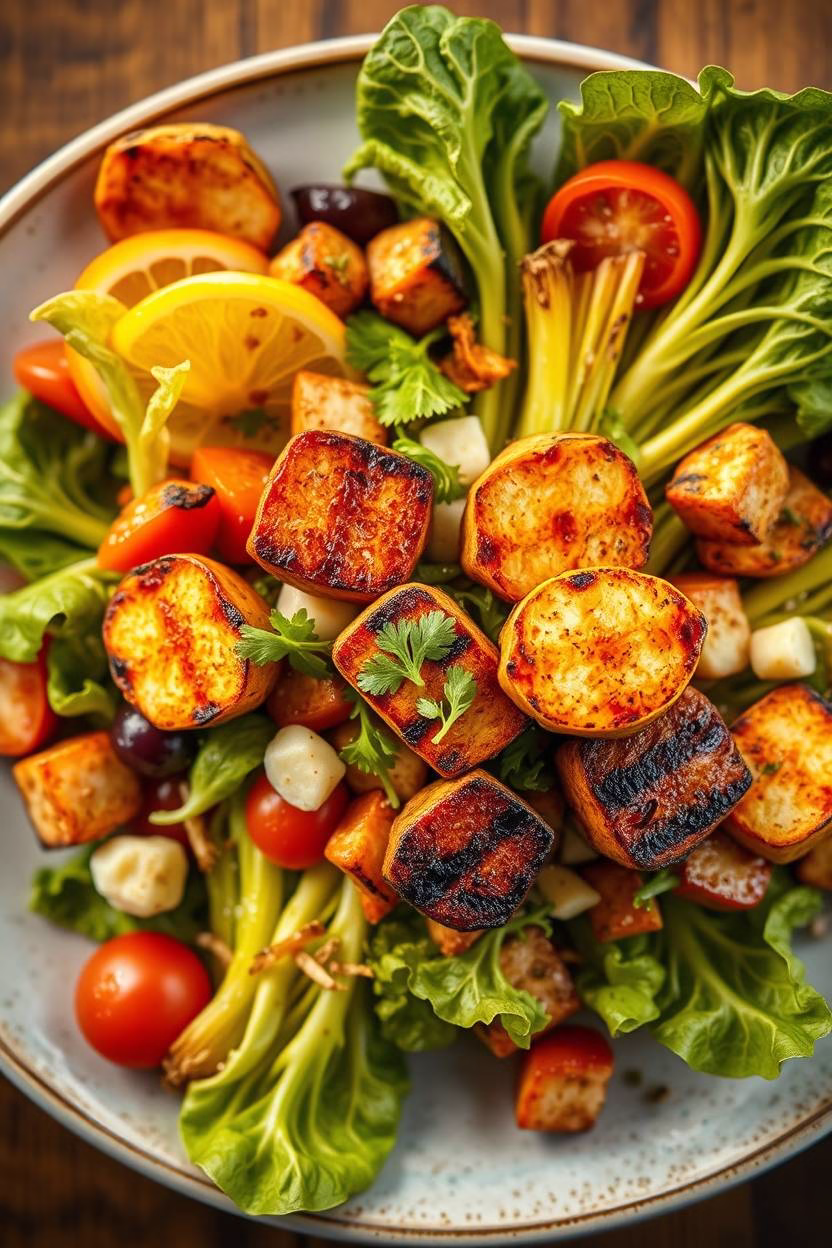 Vibrant Grilled Romaine Halloumi Caesar salad with dressing