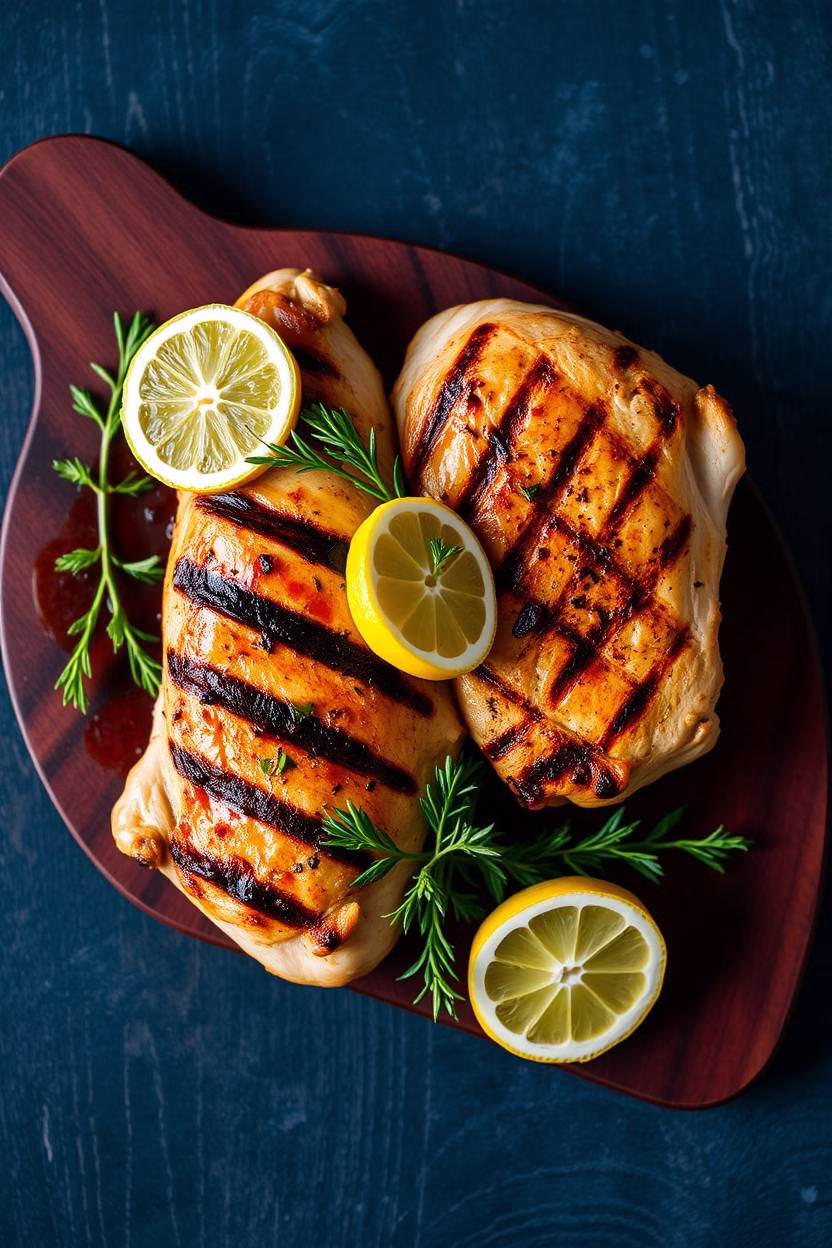 Sliced grilled lemon-herb chicken on a cutting board