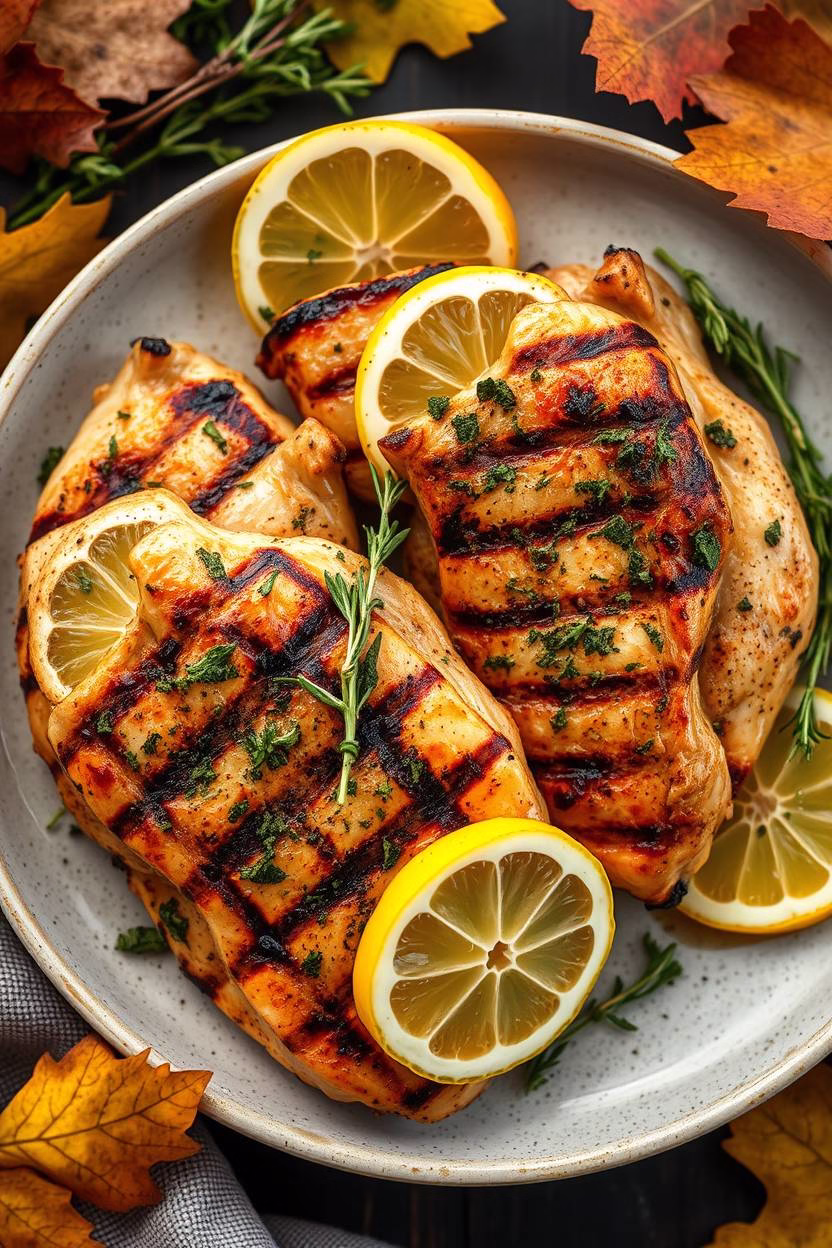 Grilled lemon herb chicken in a bowl with lemmon slices and herbs