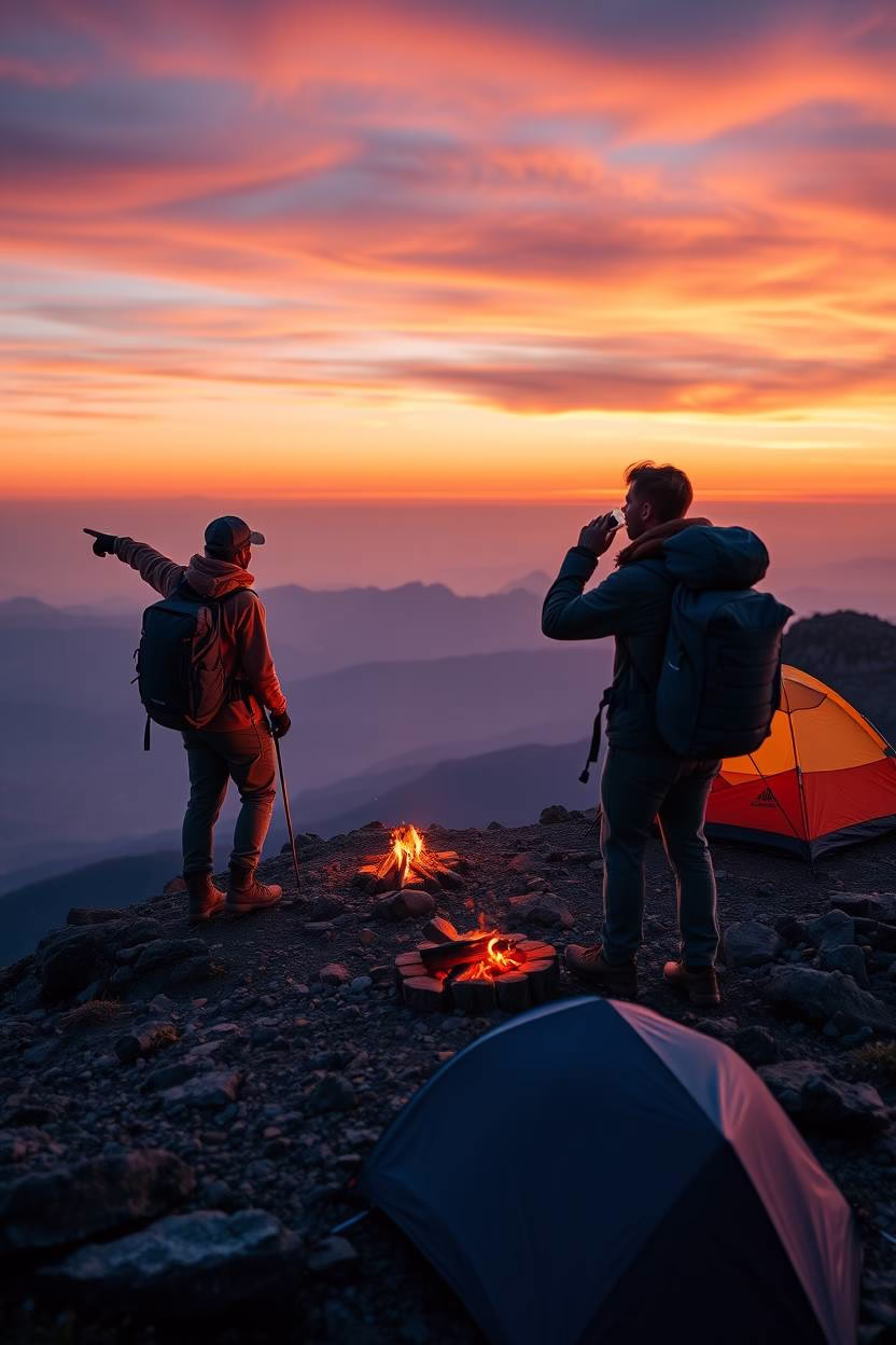 Hikers on a mountain ridge at sunrise with bioluminescent, iridescent colors. Hikers wear earth-toned clothing and carry technical backpacks. One points, one drinks. A tent and campfire are