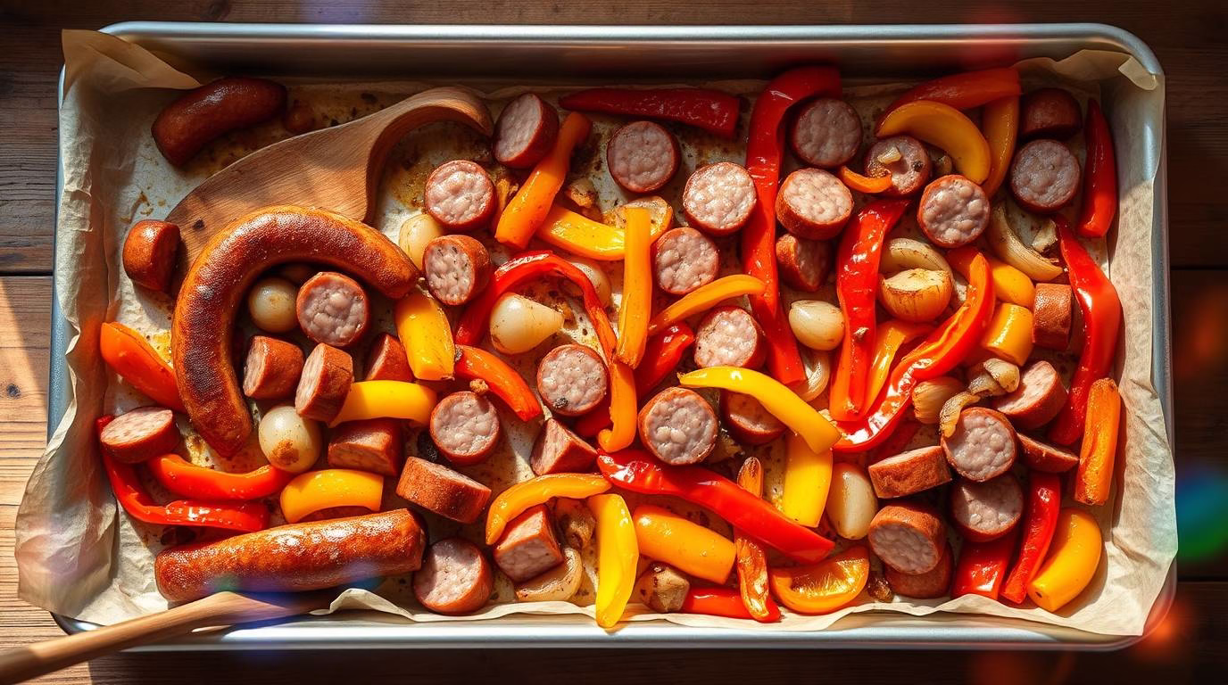 Overhead shot of sheet pan kielbasa with peppers and onions. Ingredients evenly spread on a silver baking sheet, parchment paper slightly crinkled. Kielbasa browned, crispy edges. Peppers