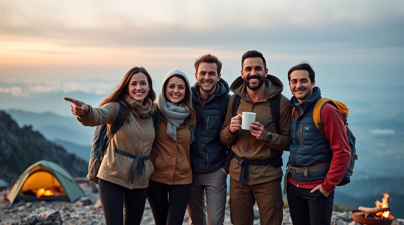Friends enjoying a hike in the mountains, smiling and engaging with each other amidst scenic views with Outdoor Travel Essentials