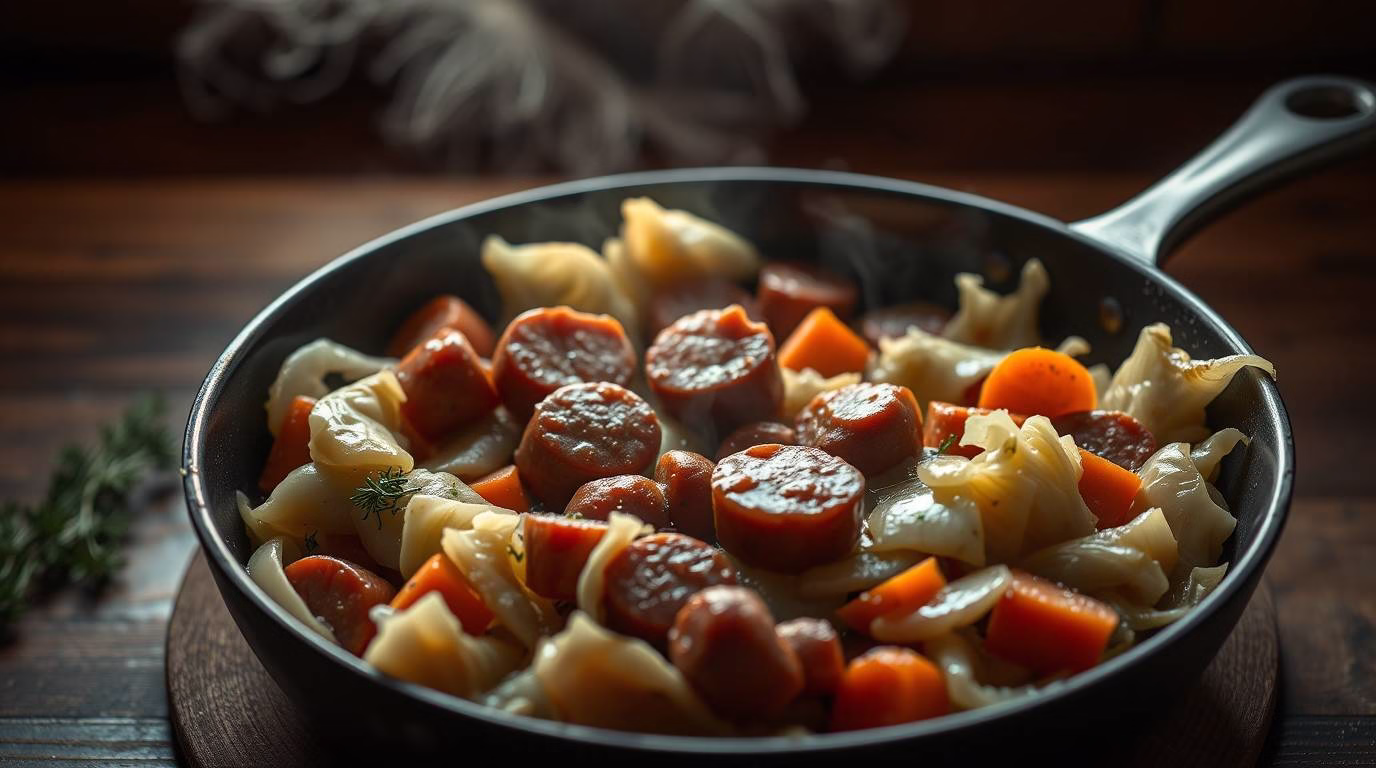 Hearty Kielbasa and Cabbage Skillet in a cast iron pan