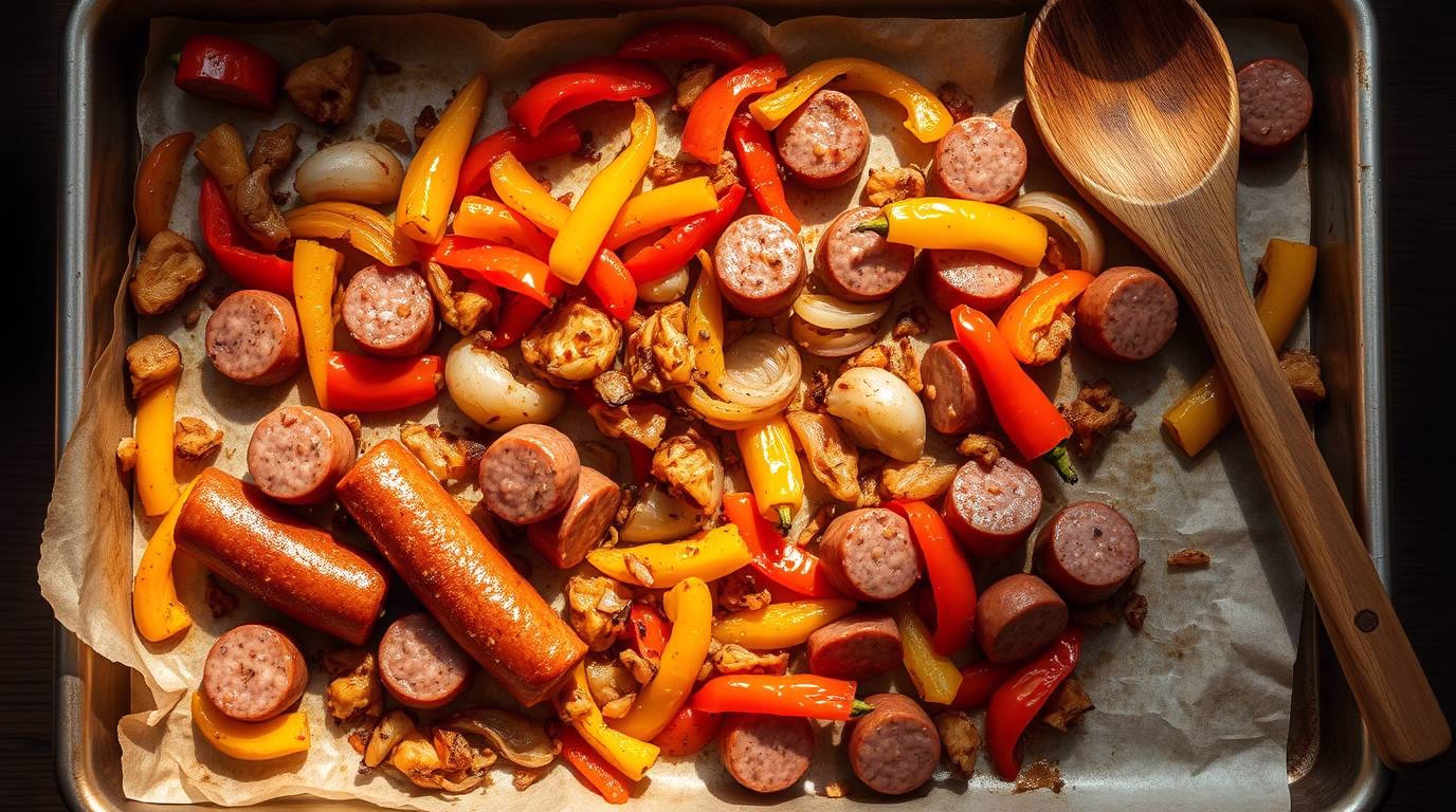 Overhead shot of sheet pan kielbasa with peppers and onions. Ingredients evenly spread on a silver baking sheet, parchment paper slightly crinkled. Kielbasa browned, crispy edges.