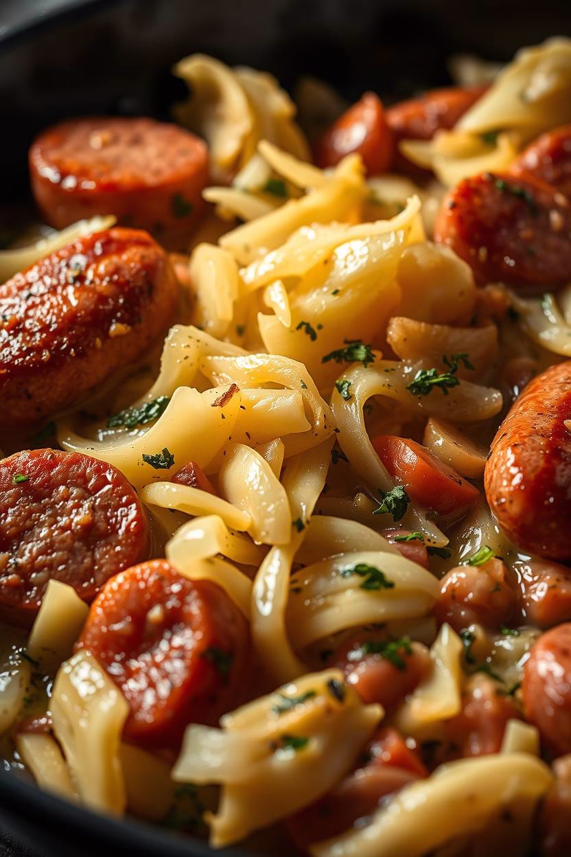 Sliced kielbasa browning in a skillet ith onions, carrots and herbs