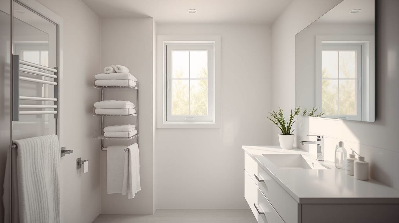 Organized modern bathroom with storage solutions