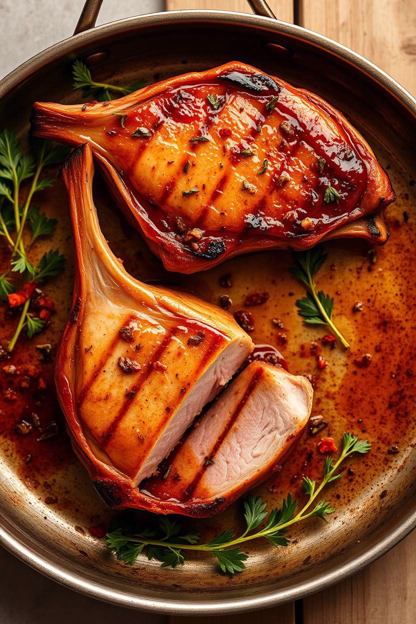 Thick-cut pork chops on a hot grill