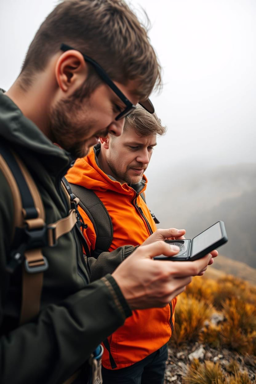 Two male travelers in a scenic national park, using a compass. Thick fog, warm colorsreds, oranges, yellows, low visibility, commercial quality, detailed textures