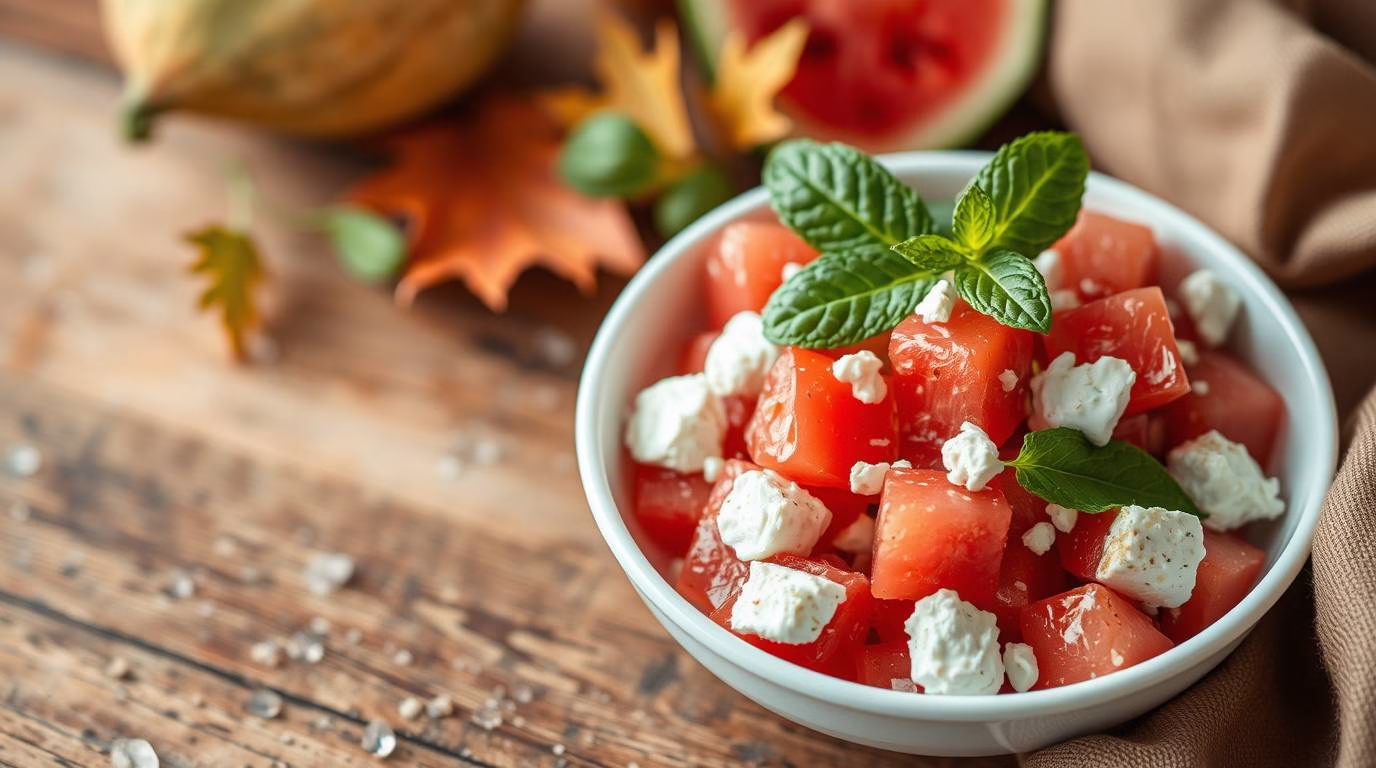 Fresh watermelon cubes and crumbled feta cheese