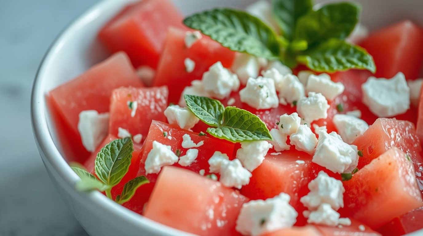 Vibrant Watermelon Feta Mint Salad in a white bowl