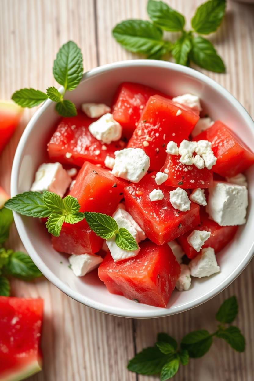 Refreshing Watermelon Feta Mint Salad on a summer table