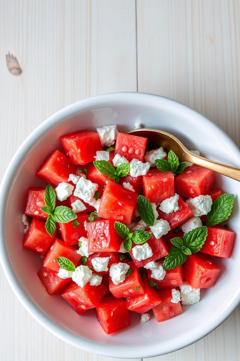 Chopped mint leaves , for salad garnishWatermelon, feta, and mint salad in a wide, shallow white ceramic bowl on a light wood surface.