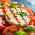 Vibrant Caprese Salad with Grilled Halloumi and balsamic glaze