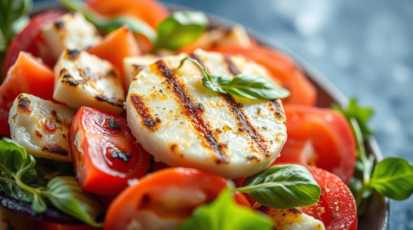 Vibrant Caprese Salad with Grilled Halloumi and balsamic glaze