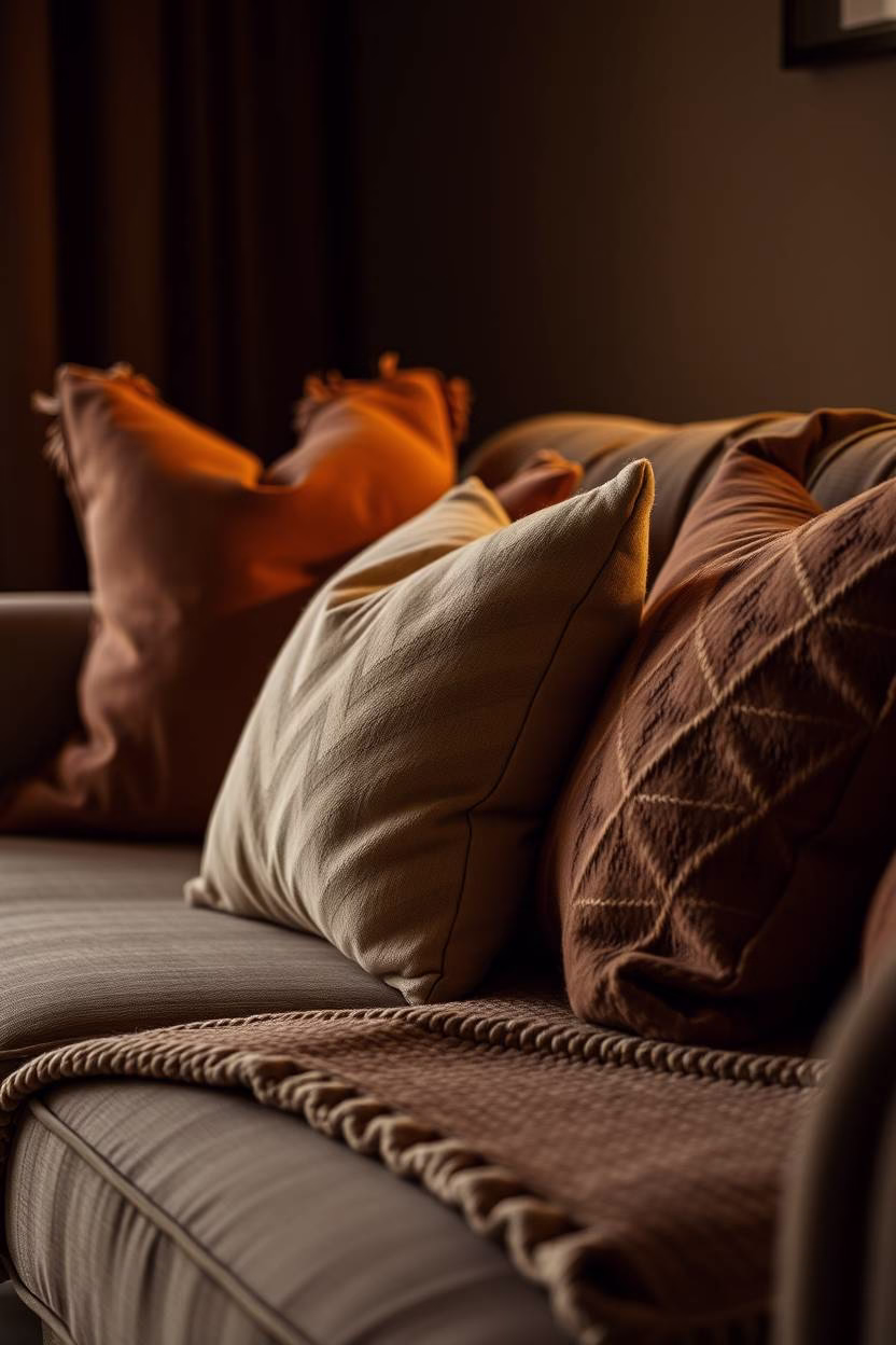 Cozy sofa with layered textured throw pillows