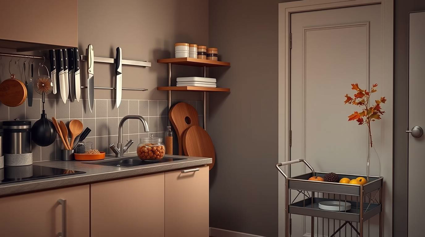 Space-Saving Hacks for Studio Living: Kitchen with magnetic knife strip and stackable containers
