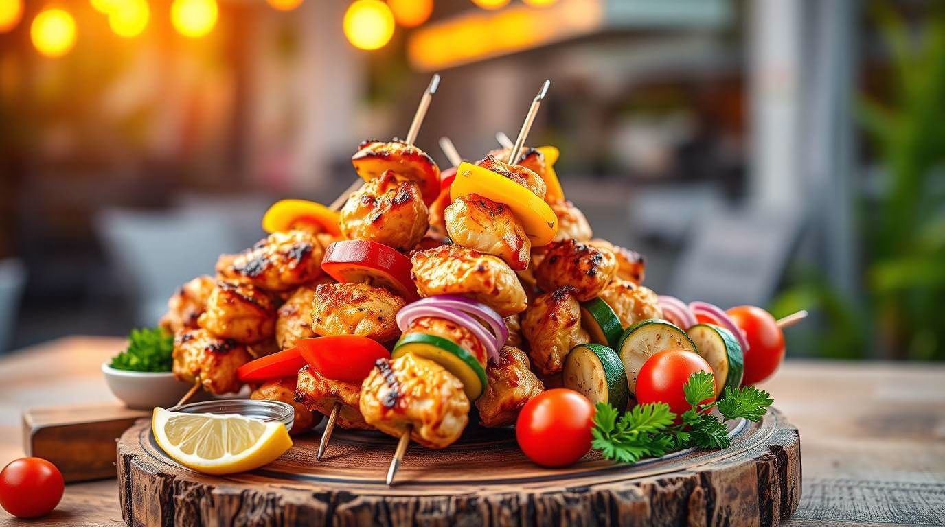 Colorful Grilled Chicken Veggie Skewers on a platter