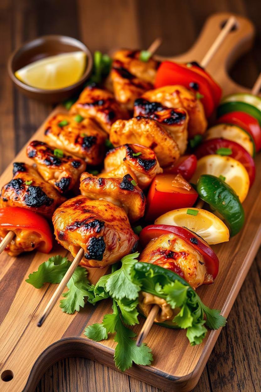 Marinated chicken and chopped vegetables for skewers