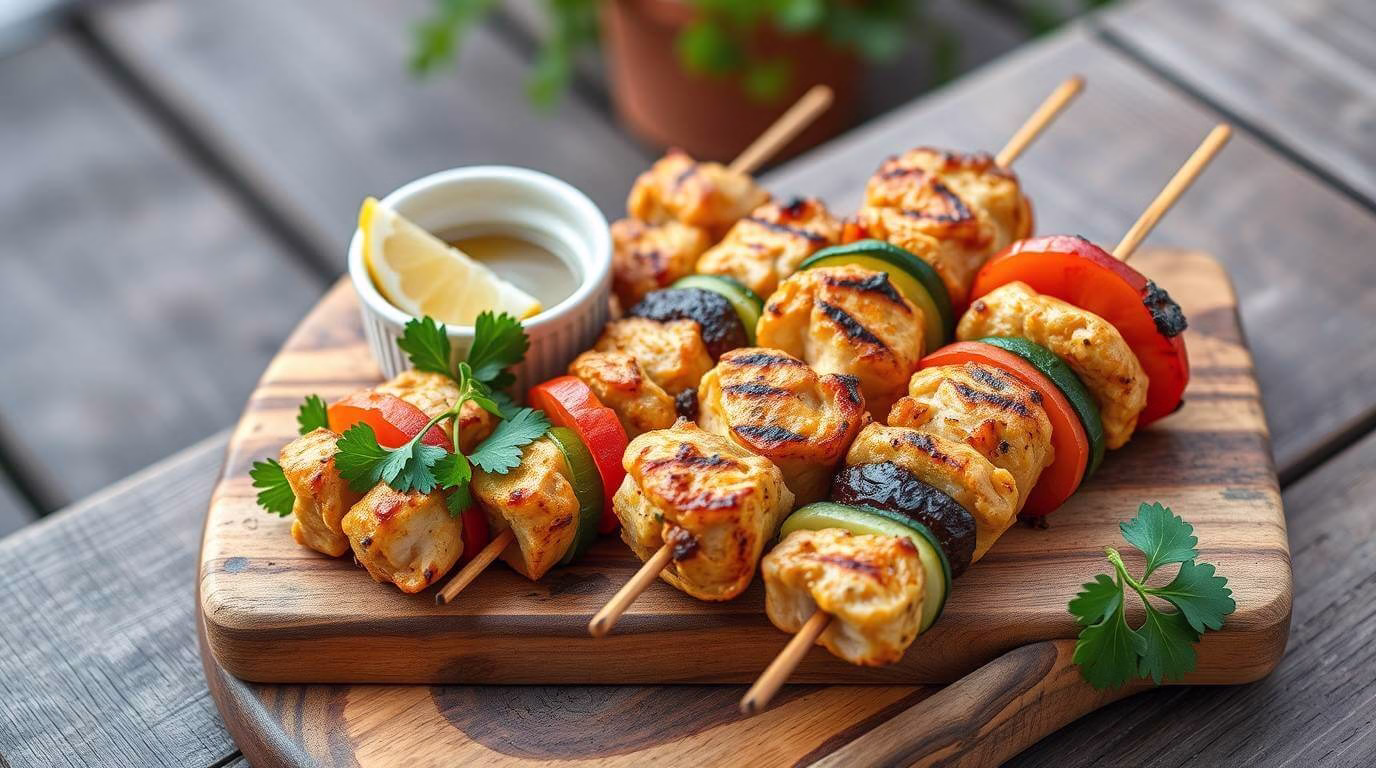Grilling chicken skewers on wodden plater