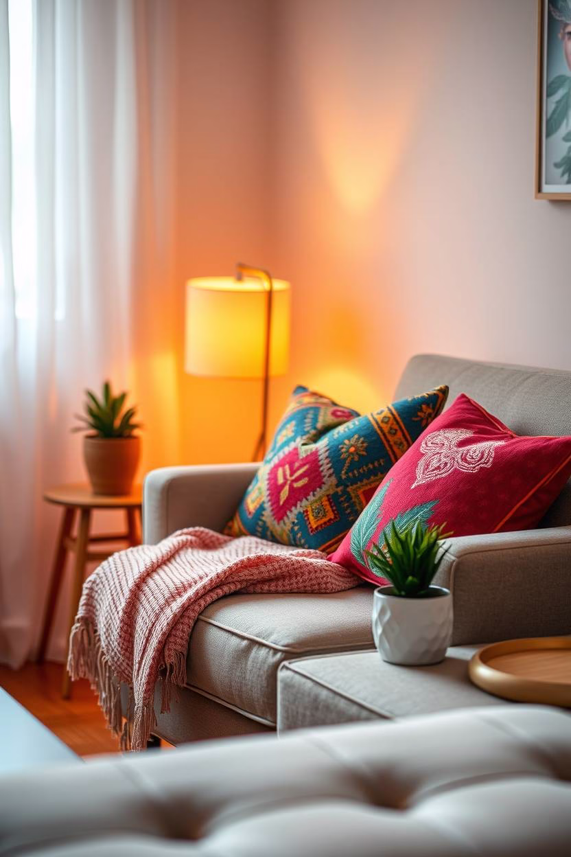 Cozy living room corner with layered pillows and lighting