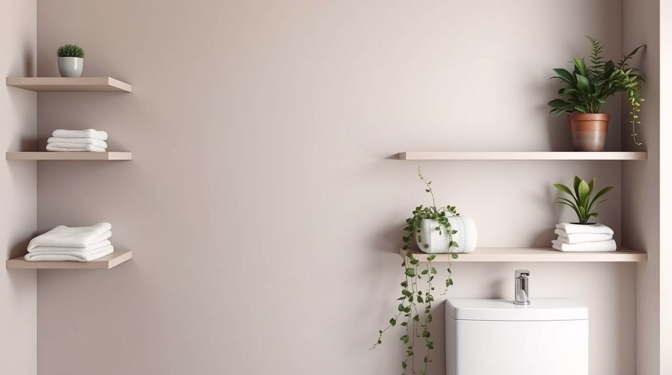 Bathroom wall with floating shelves for vertical storage