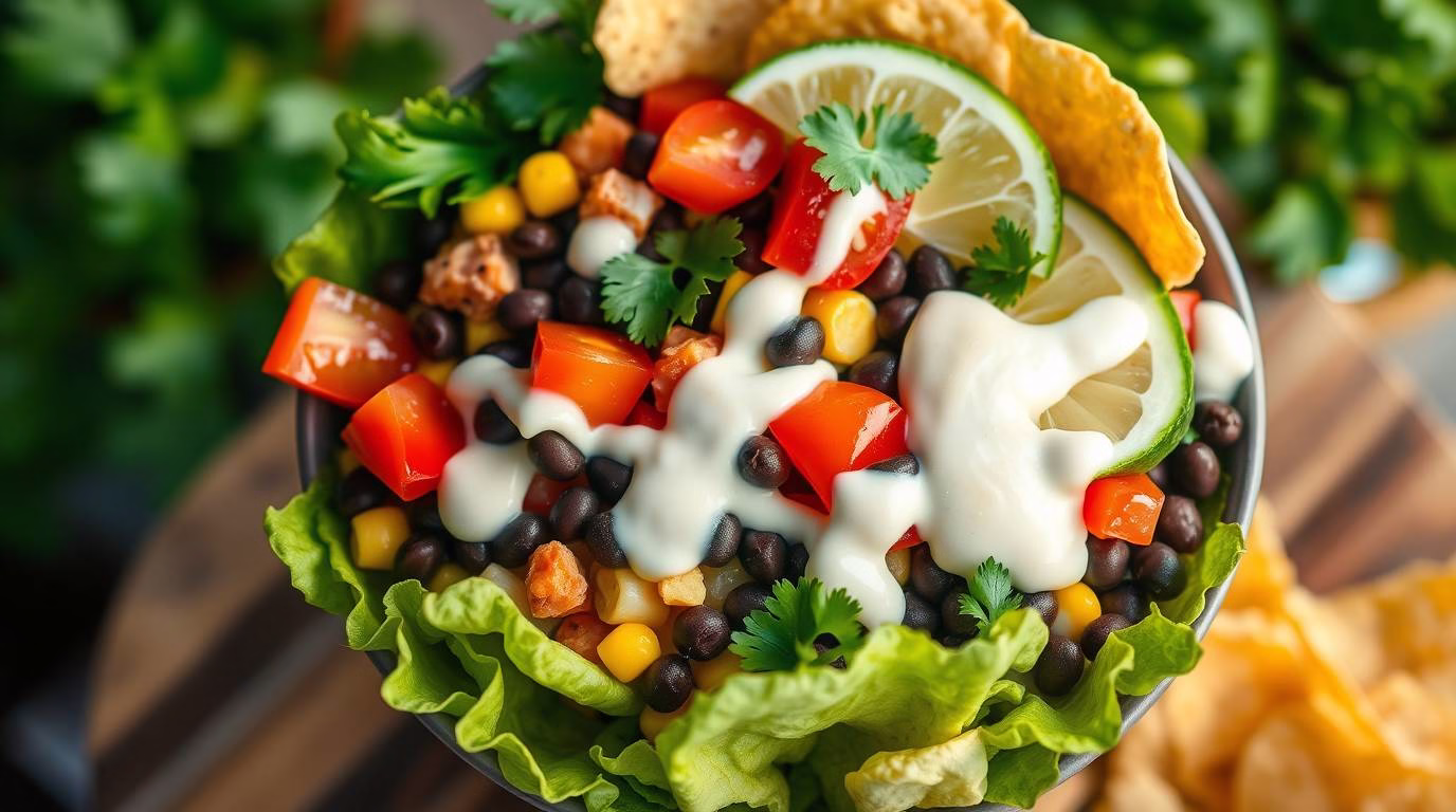 Vibrant No-Bake Black Bean Taco Bowls with creamy dressing