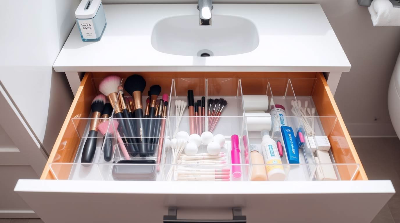 Organized bathroom drawer with acrylic dividers