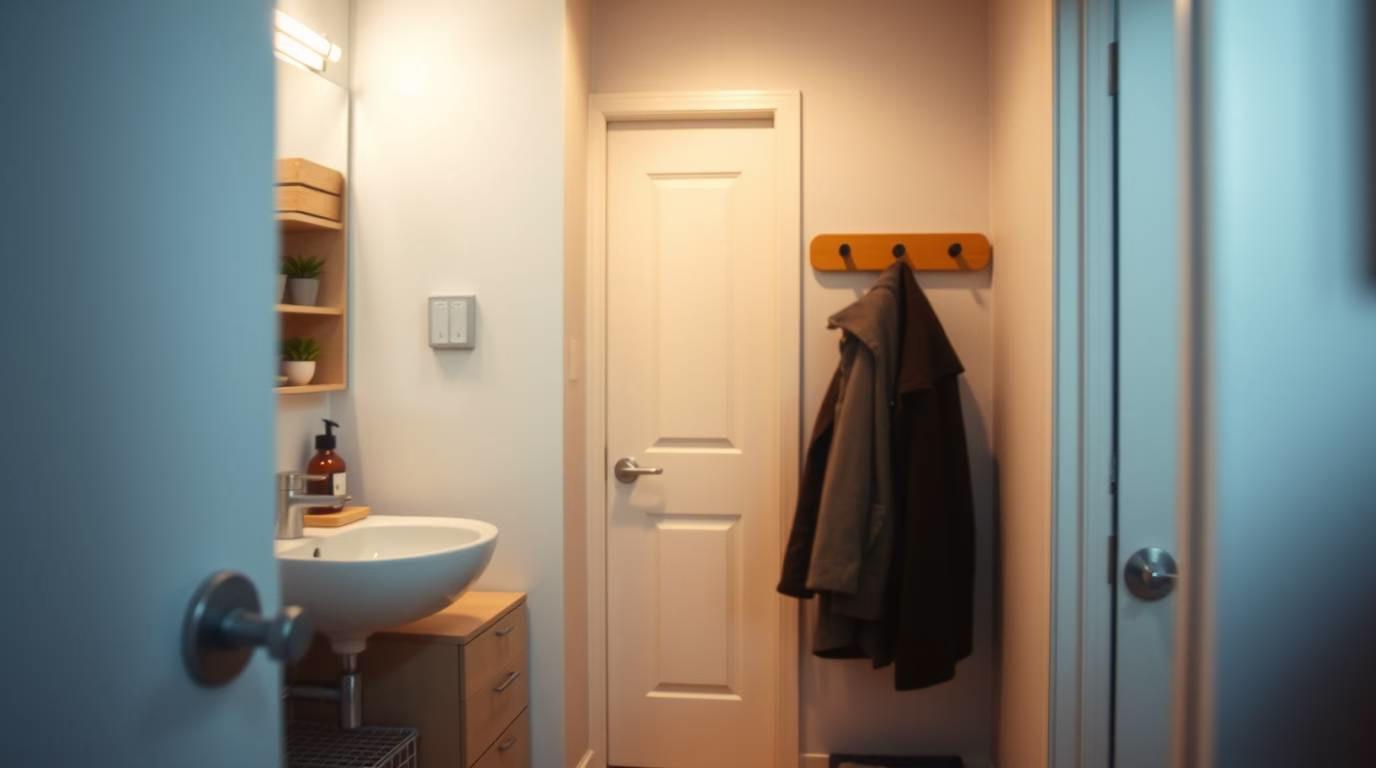 Space-Saving Hacks for Studio Living: Over-toilet storage and wall-mounted coat rack