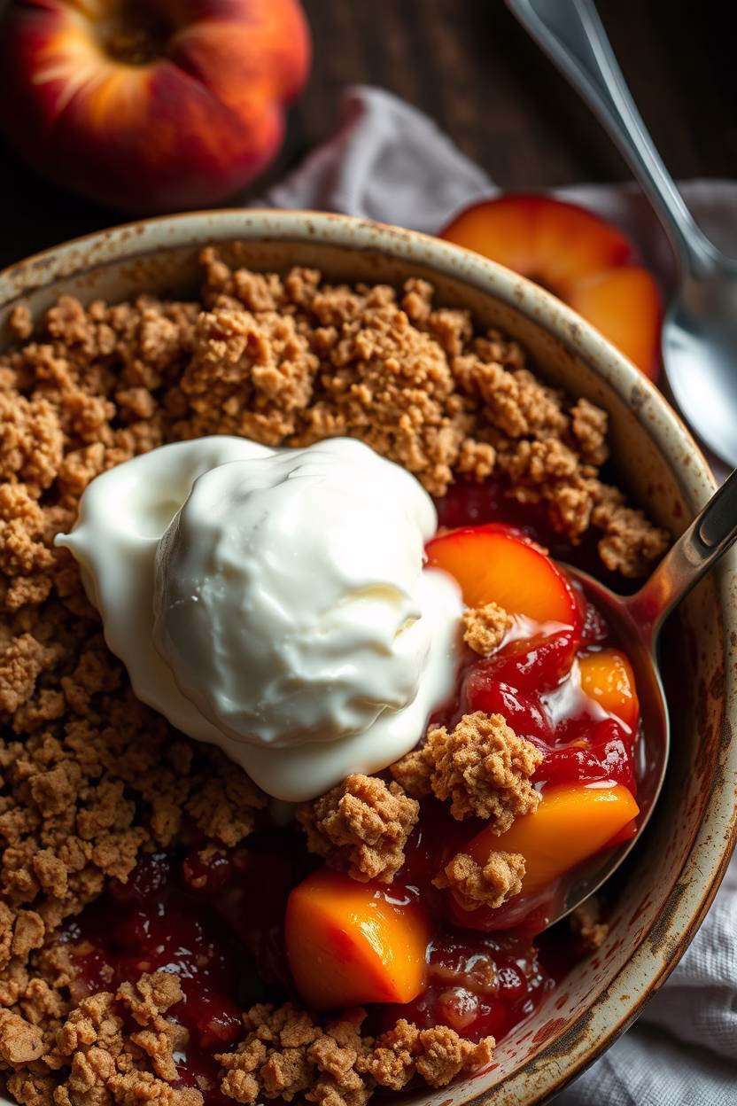 Speedy Summer Peach and Berry Crumble  on wooden top table