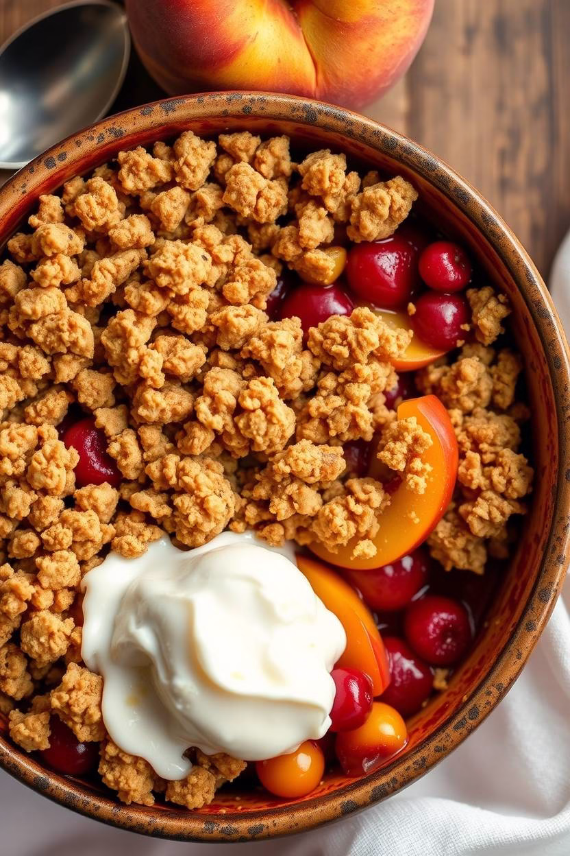 Speedy Summer Peach and Berry Crumble  on wooden top table