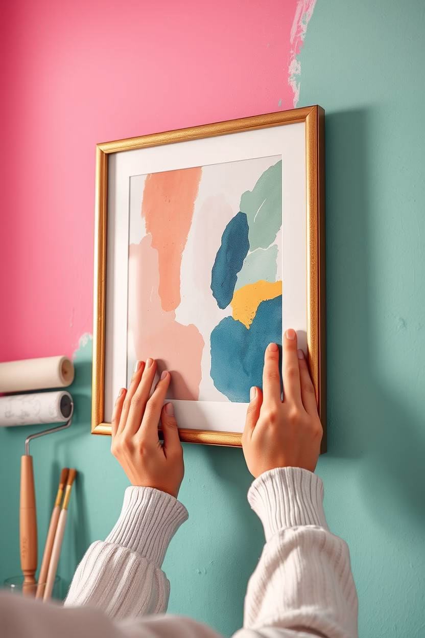 Hands hanging art on a newly painted wall