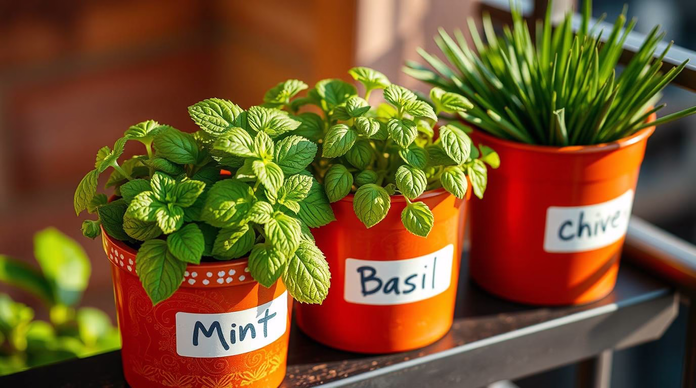 Easy balcony gardening tips for beginners: Mint, basil, and chives plants