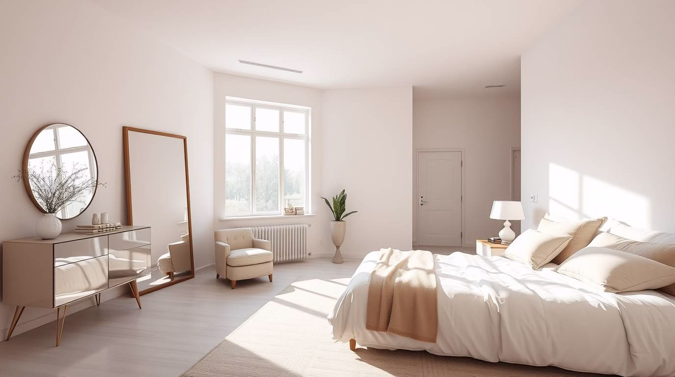Affordable ways to make a small room feel bigger: Light monochromatic room