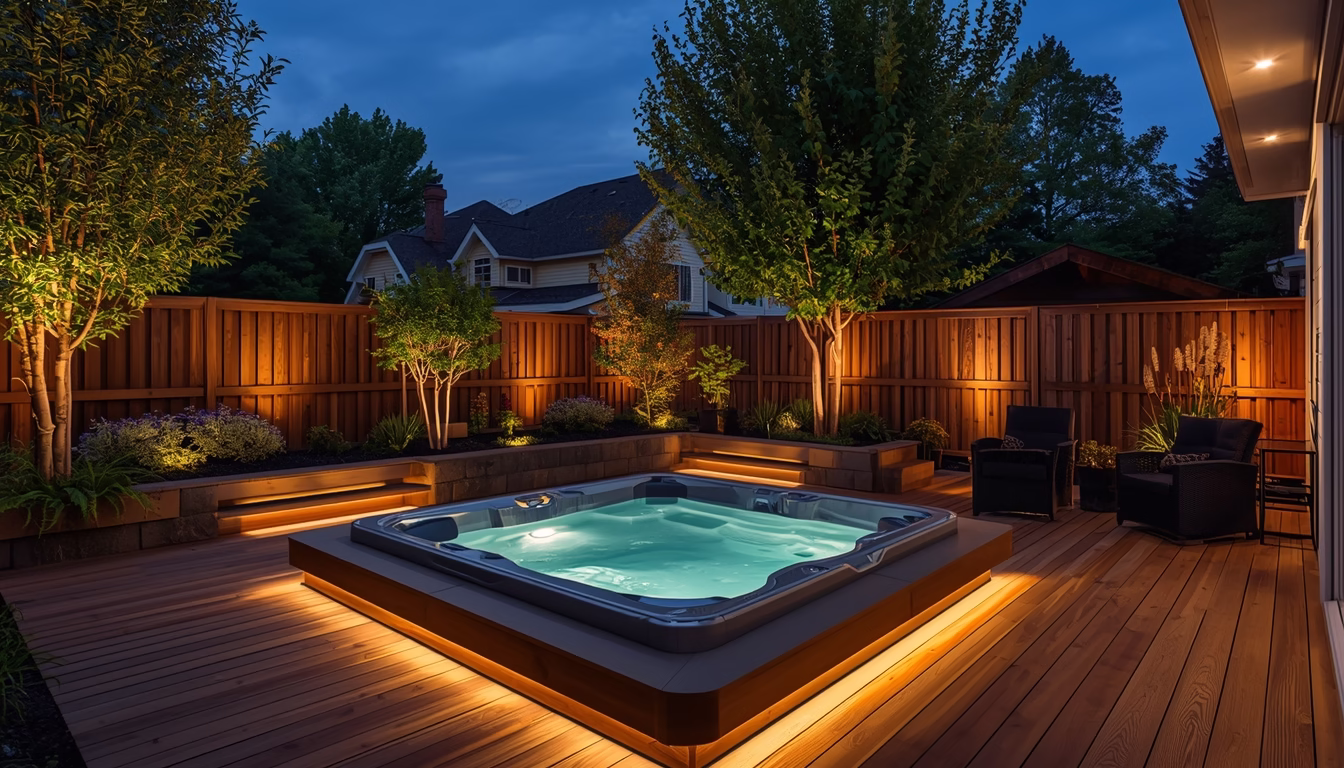 Modern backyard outdoor jacuzzi spa design in US home