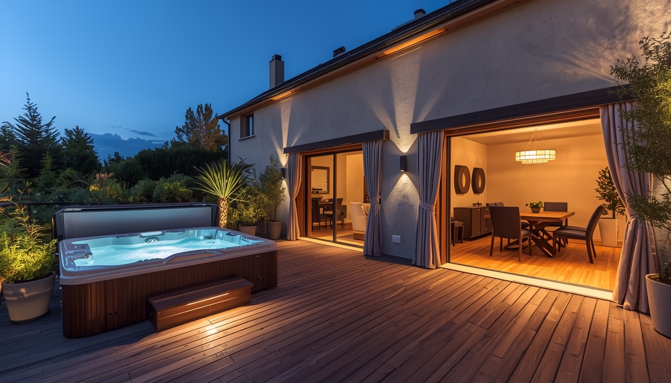 Jacuzzi exterieur terrasse setup on a compact terrace with privacy curtains and plants