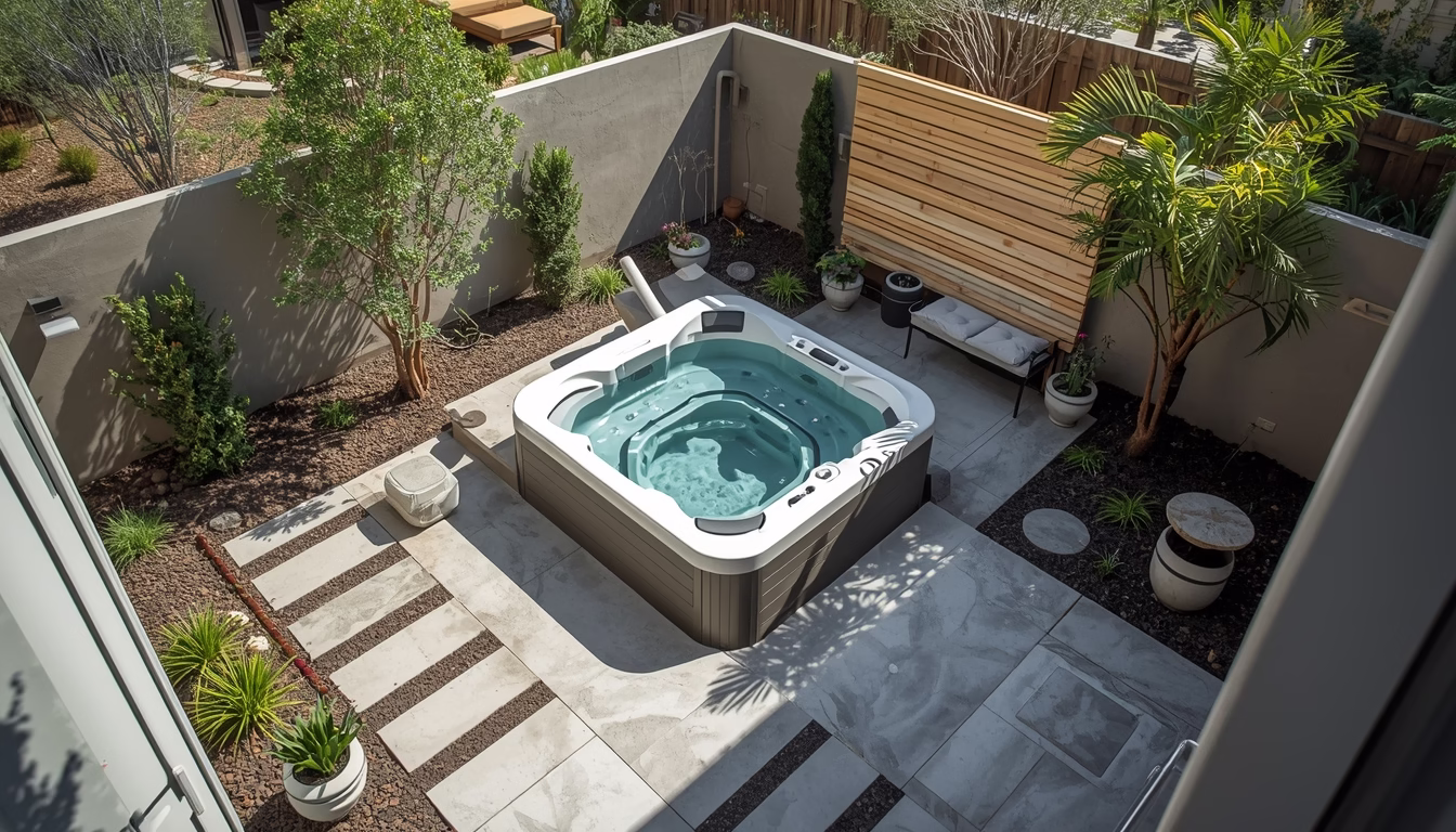 Compact jacuzzi outdoor layout in a small backyard with stone path and seating area
