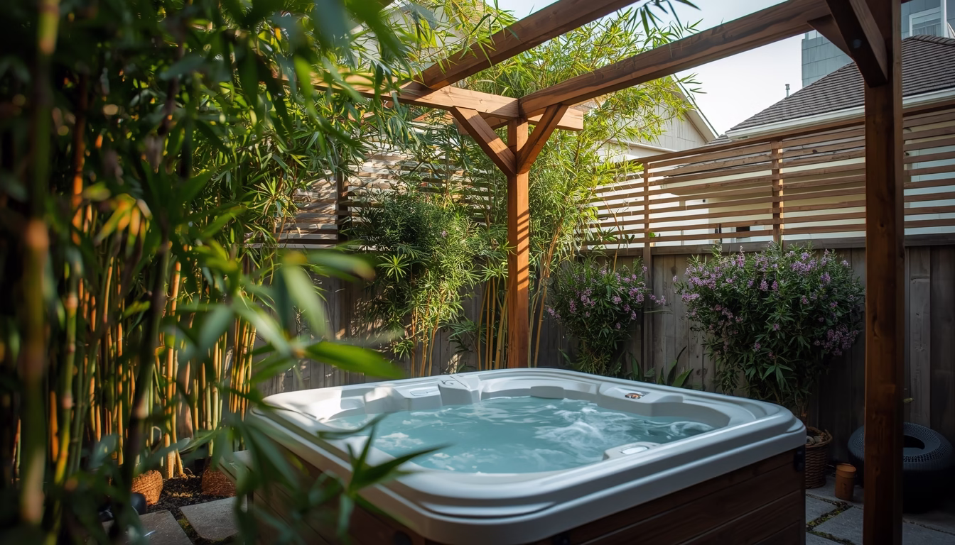 Backyard jacuzzi outdoor with bamboo plants and wooden privacy screens
